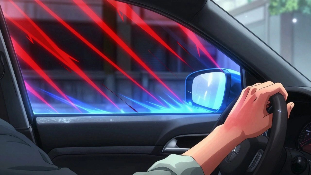 Car interior with UV rays penetrating window, blocked by glowing film, driver&#039;s arm showing fading rash.