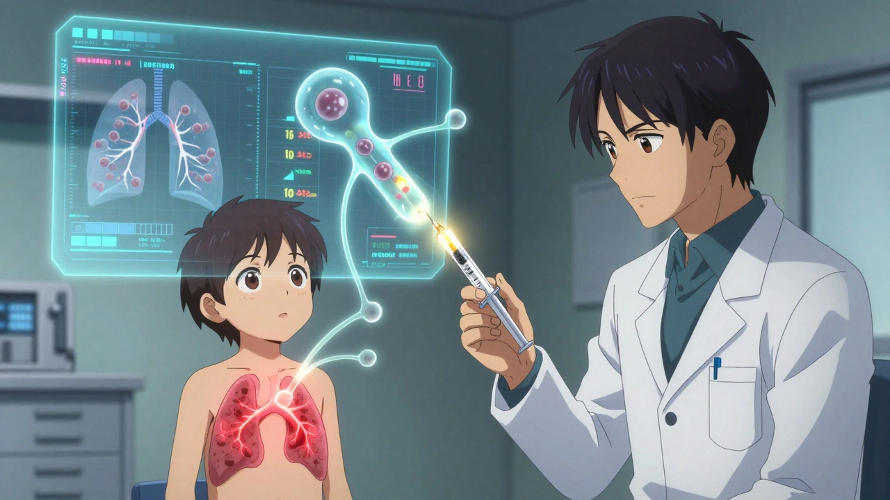 Child in allergist&#039;s office with glowing IgE molecule and immunotherapy serum connecting to lungs.