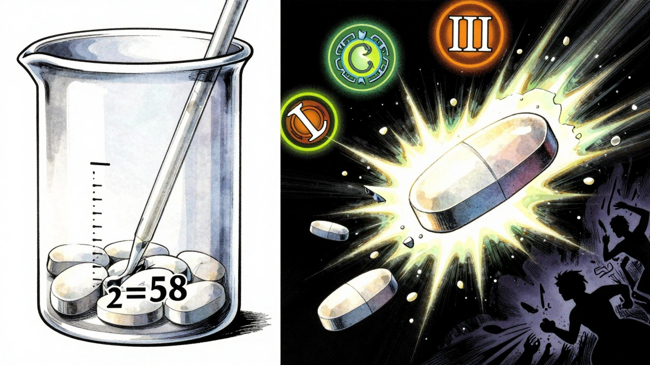 Class I drug dissolving perfectly vs. Class III drug failing due to excipient mismatch with floating BCS icons.