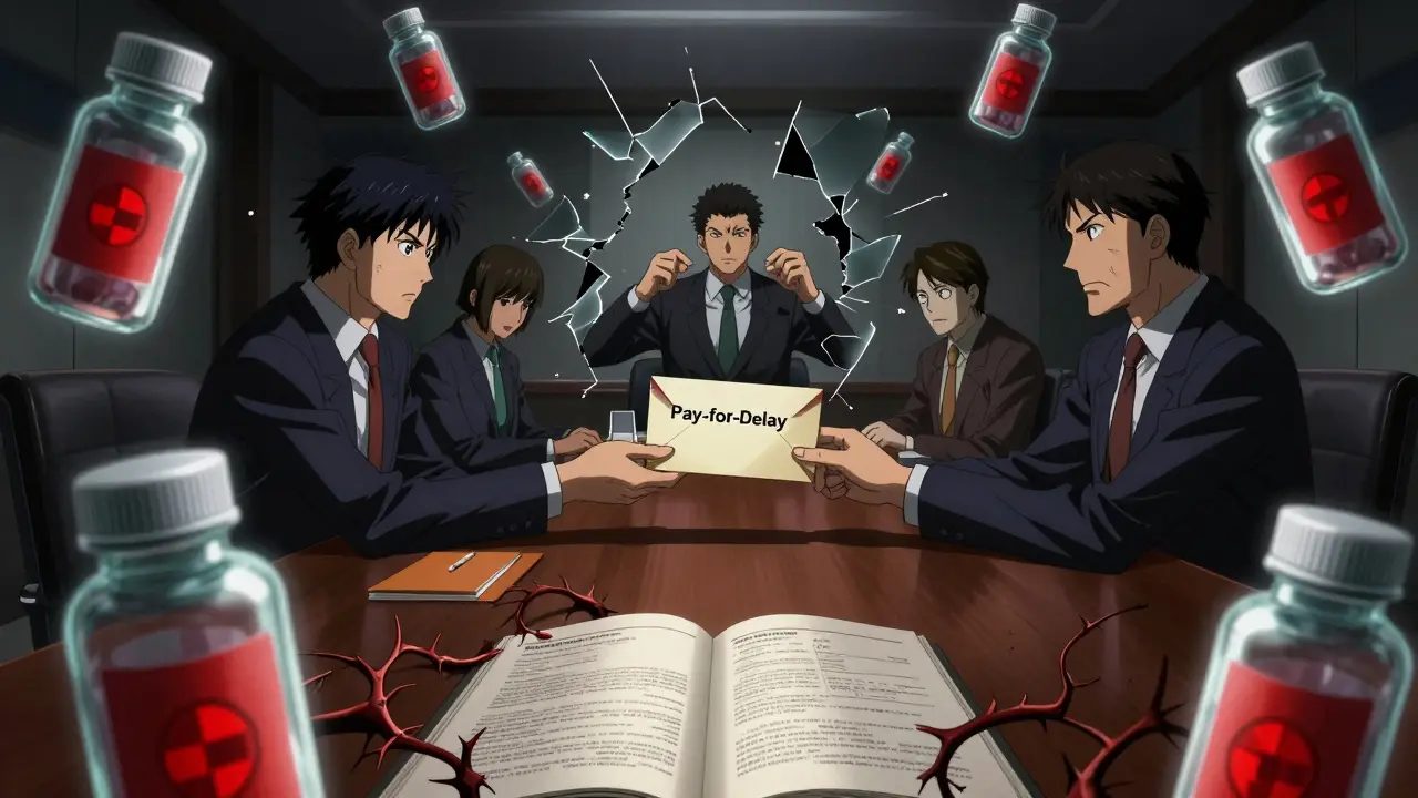 Corporate executives exchanging pay-for-delay payments while ghostly generic drugs try to break through walls, patent symbols glowing above.