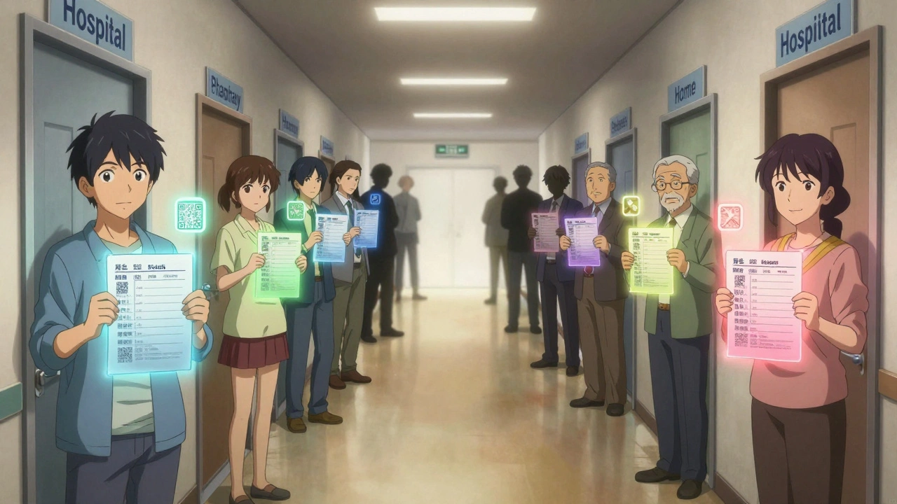 Diverse group holding personalized medication lists with glowing auras in a symbolic hallway of healthcare doors.