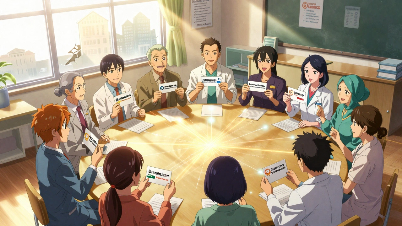 Diverse patients and employers form a circle of empowerment, holding cost-saving options as hospital buildings fade behind them.