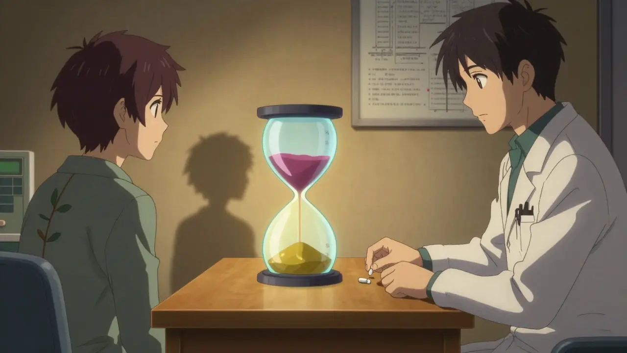 Doctor and patient with glowing hourglass showing dose reductions in a calm clinical setting.