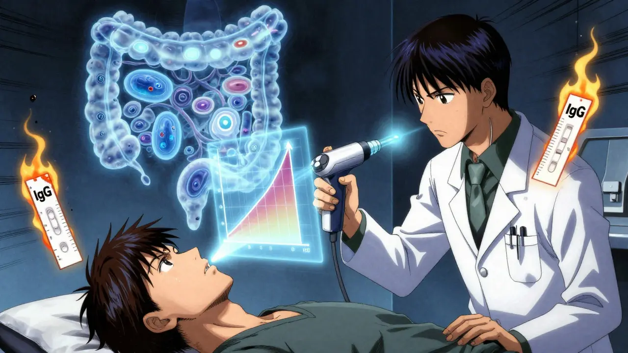 Doctor using a breath test device as a glowing gut and burning IgG test appear in the background.
