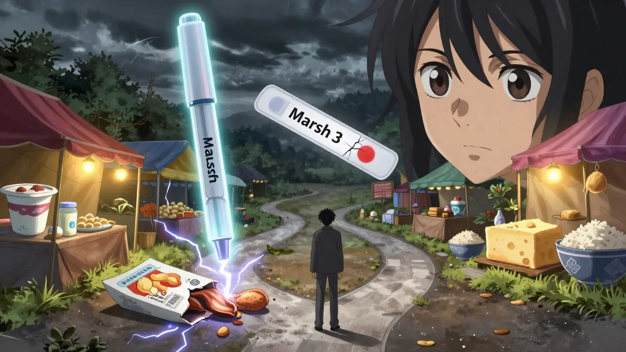 Figure at a crossroads between life-threatening allergy and manageable food intolerance with glowing symbols.