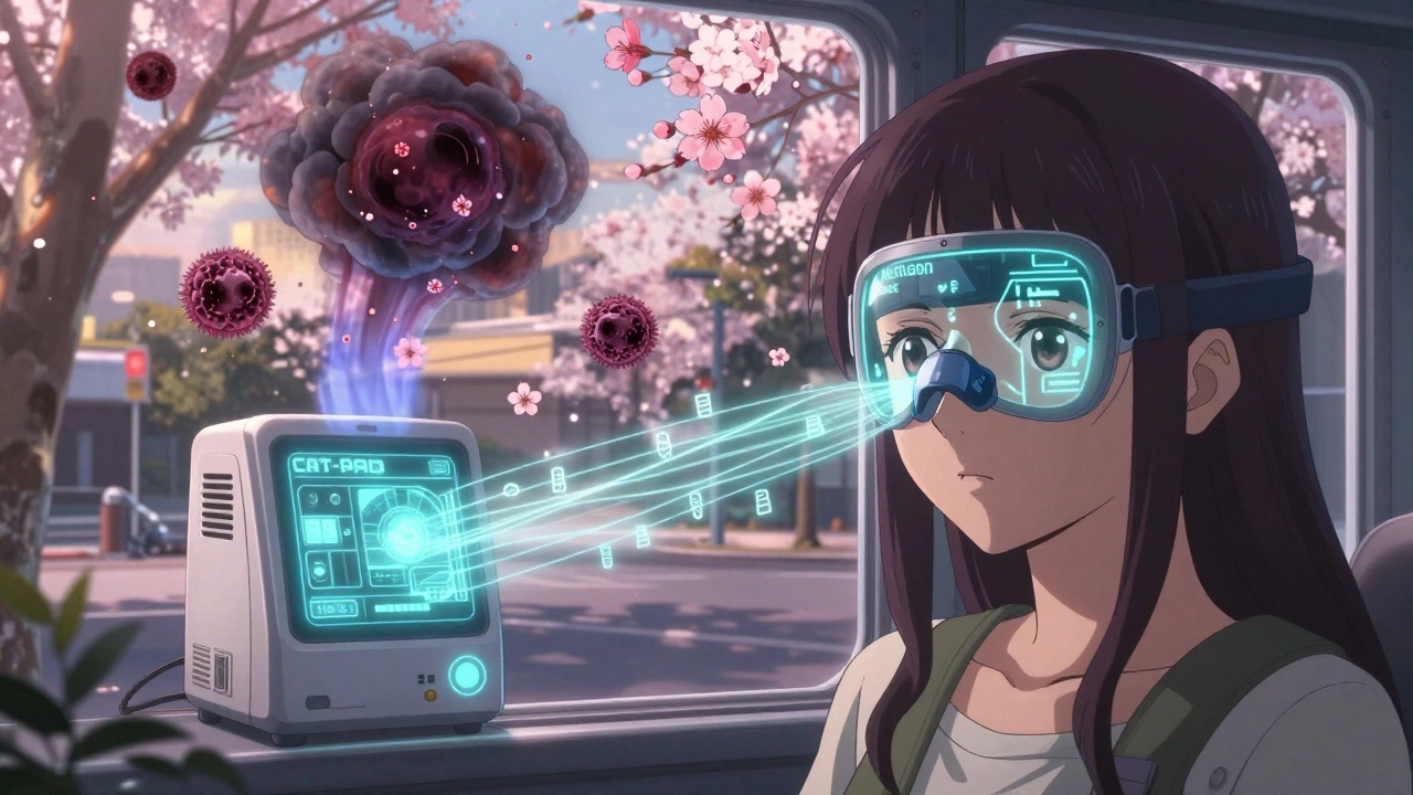 Girl in Sydney with nasal sensor projecting pollen alerts, therapy light transforming allergens into blossoms.