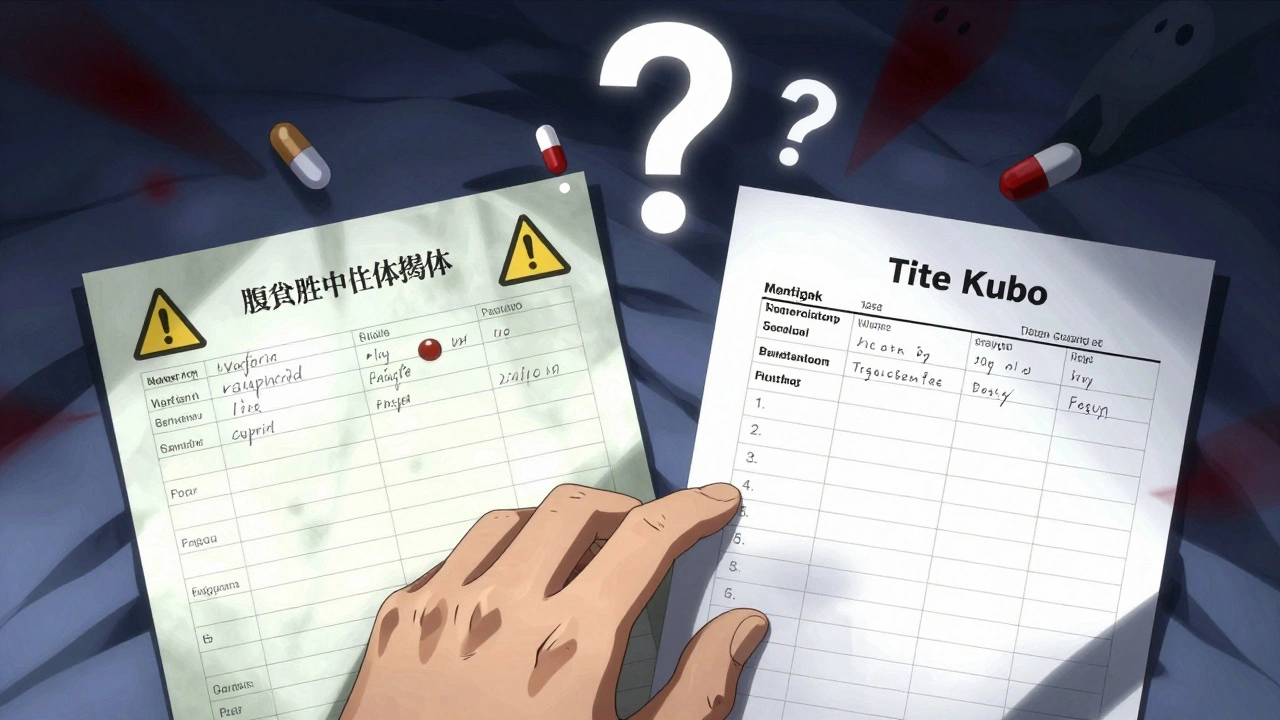 Hand comparing two medication lists with ghostly pills and warning symbols drifting away.