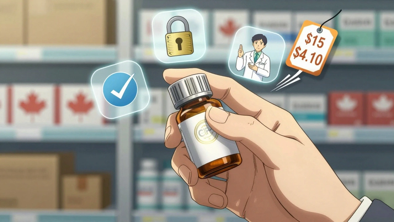Hand holding verified pill bottle with accreditation seal, floating icons showing price drop and safety symbols.