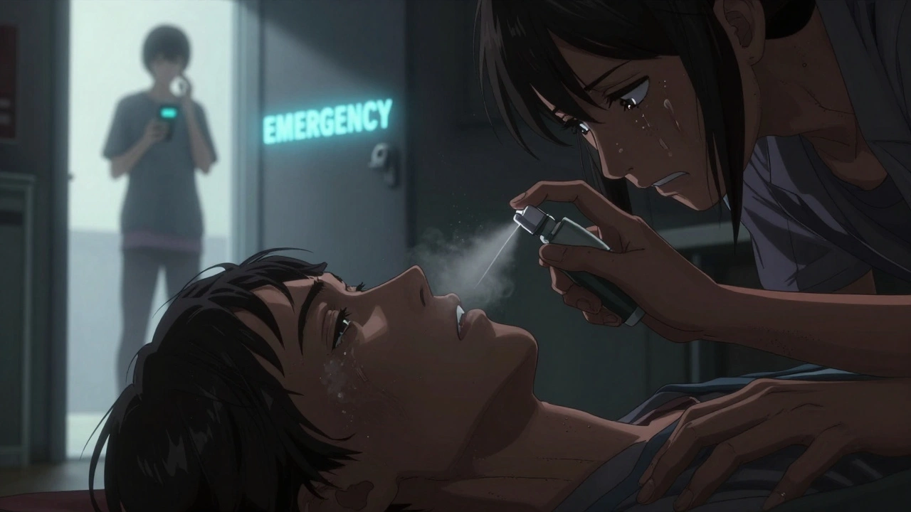 Hand spraying naloxone into nose of unconscious person, family member calling emergency services.