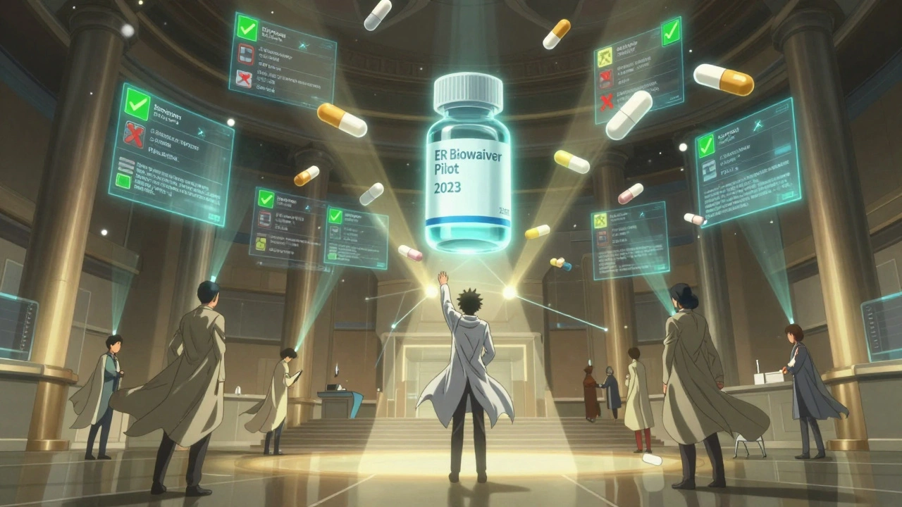 Holographic generic drugs with approval status flying through a futuristic FDA headquarters.