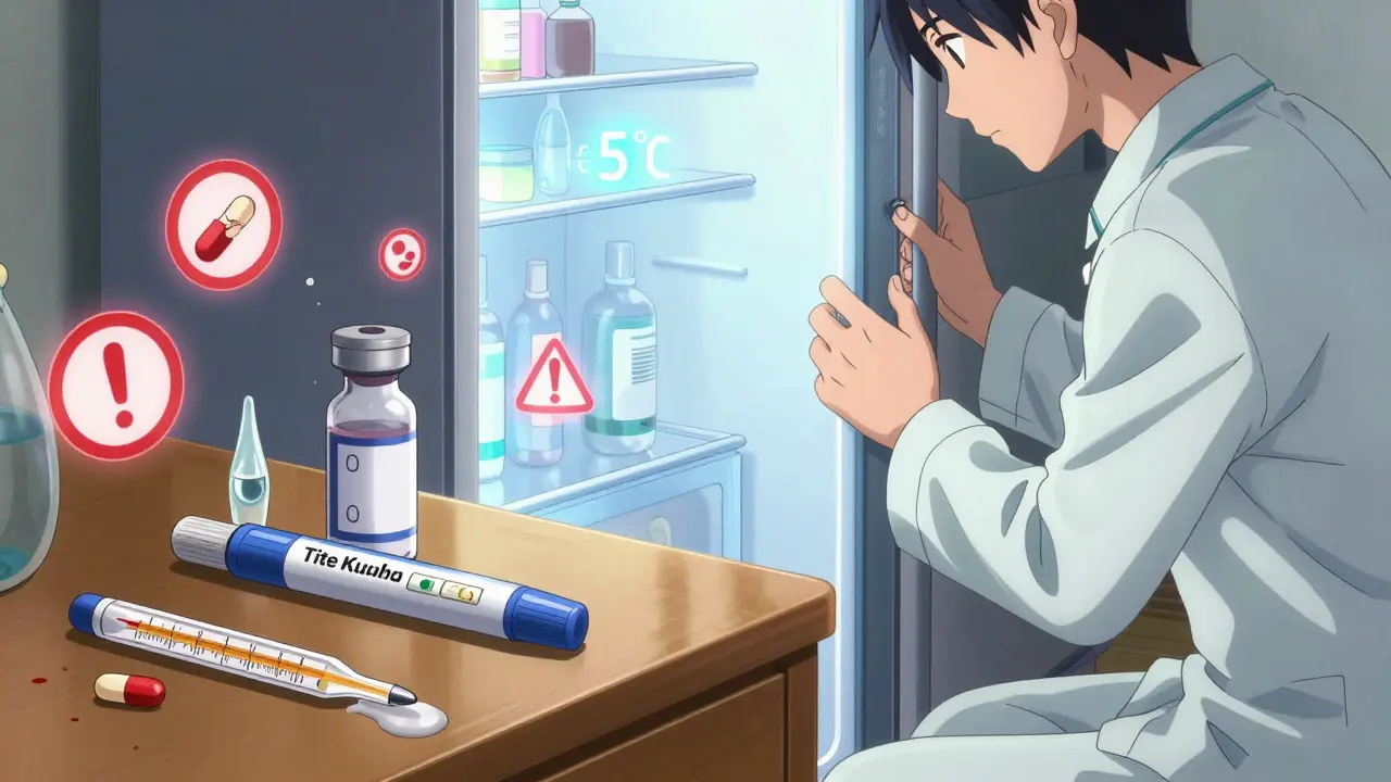 Insulin and EpiPen on a nightstand with warning symbols, fridge glowing safely at 5°C.