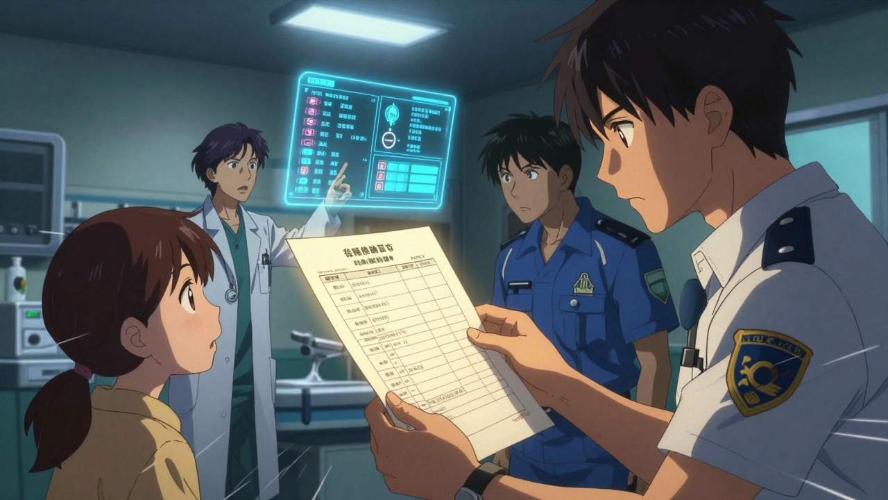Paramedics and doctor reviewing a laminated medication list in an emergency room with digital warnings.