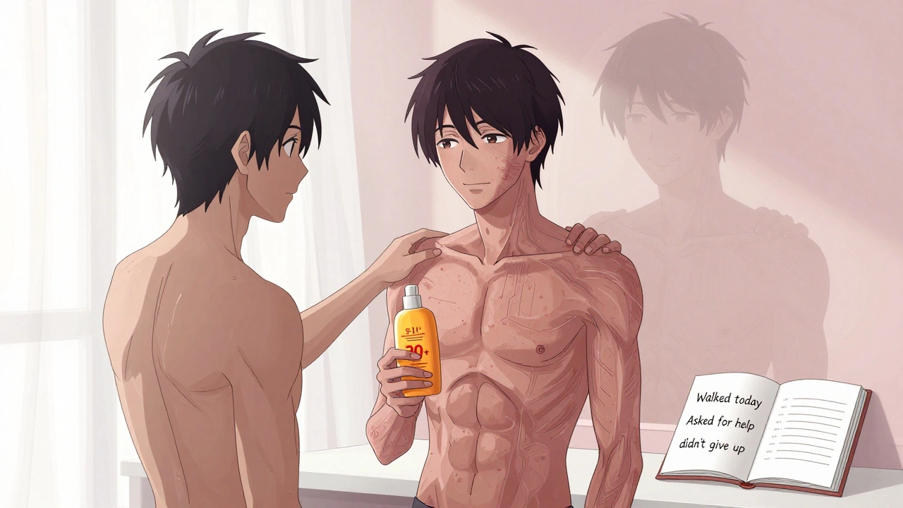 Patient applying sunscreen to altered skin, mirrored by their former self, symbolizing recovery and resilience.