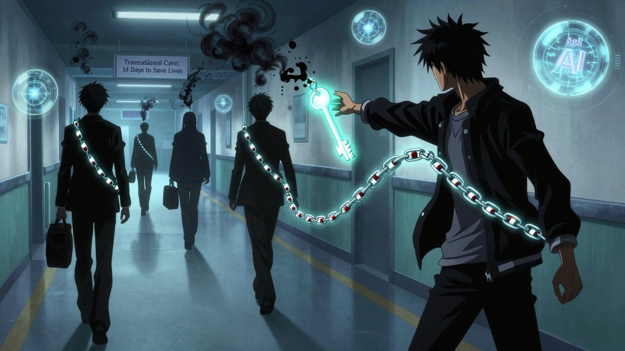 Patient reconnecting a broken chain of pills in a hospital corridor with glowing AI orbs nearby.