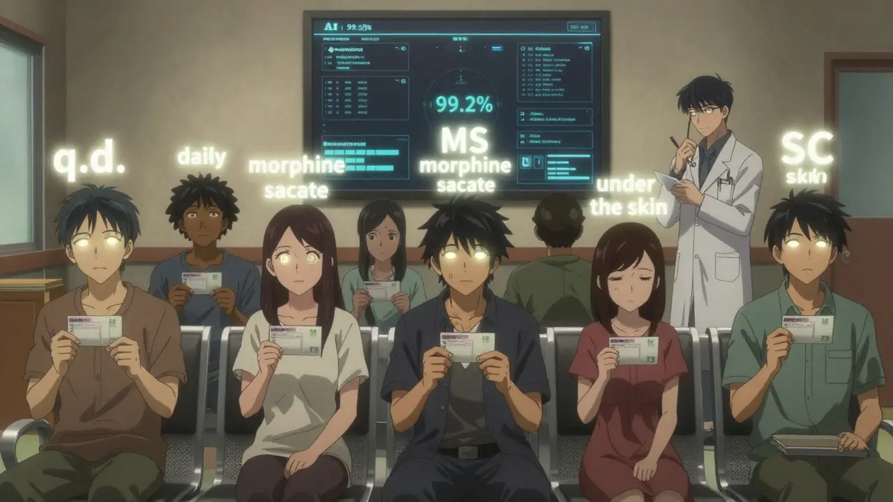 Patients see floating plain-English translations of their medication instructions, while AI algorithms glow on a screen behind them.