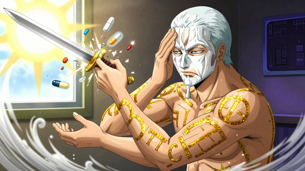 Person applying zinc oxide sunscreen with magical runes forming a barrier, shattered medication icons nearby.