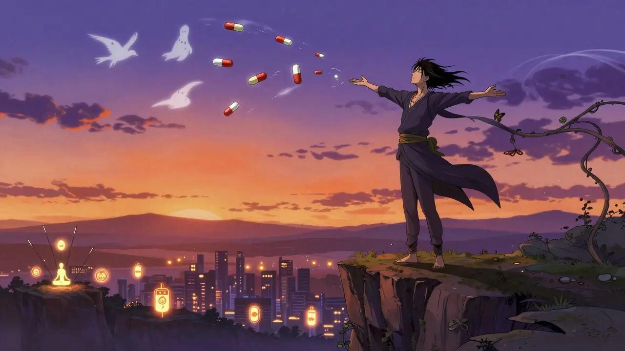 Person on cliff releasing opioid pills that turn into birds and vines, symbolizing recovery.