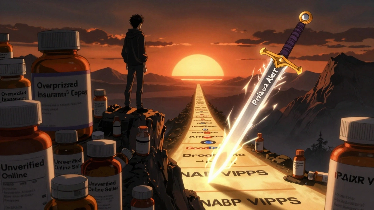 Person standing on pile of old pill bottles, walking toward glowing path of verified pharmacies under sunrise.