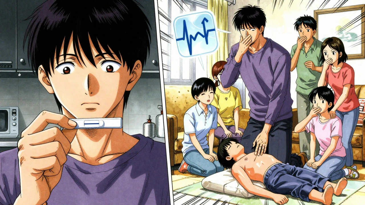 Person testing drug for fentanyl, family practicing rescue breathing together.