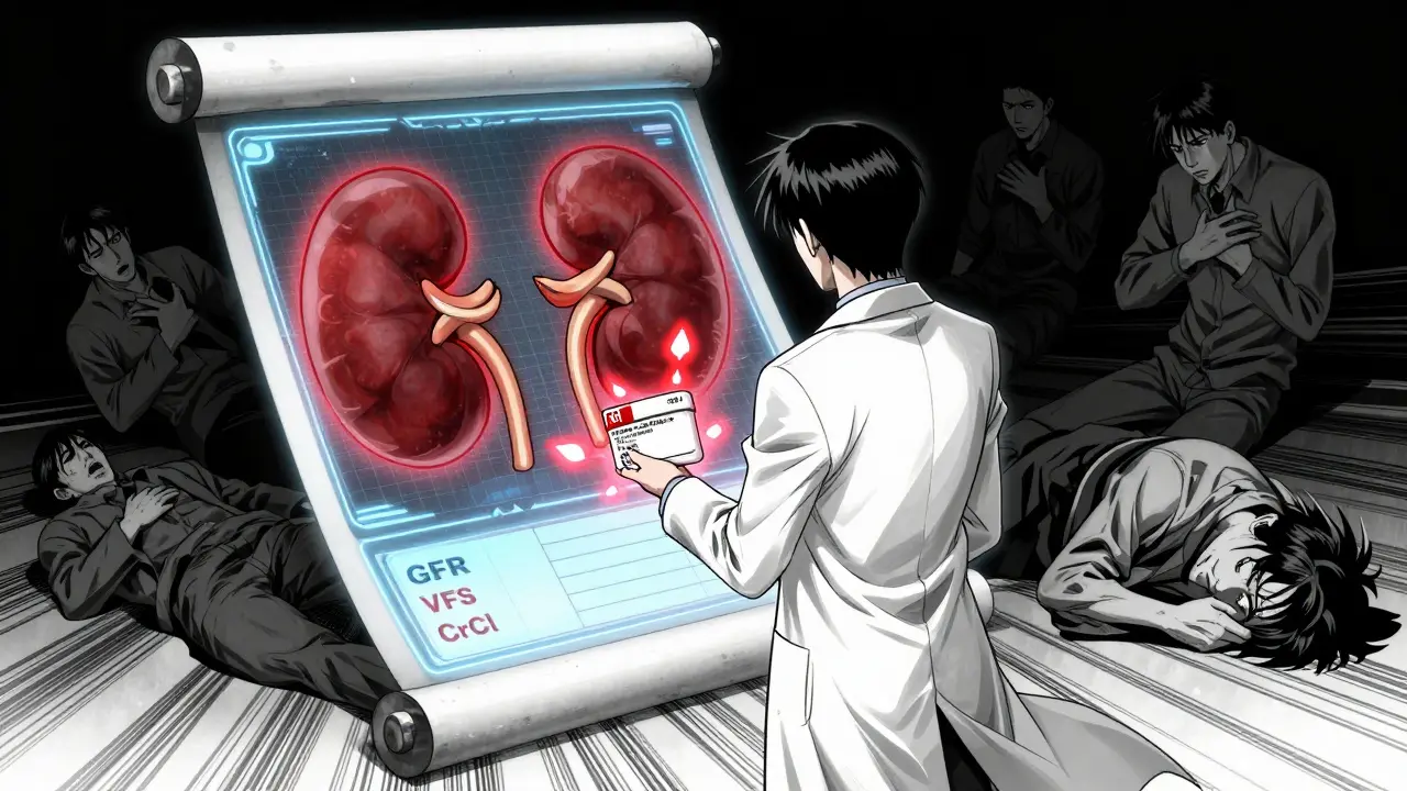 Pharmacist facing a digital medical scroll with warning glyphs over a metformin prescription, patients collapsing in background.