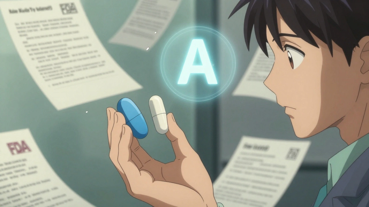 Pharmacist handing two differently shaped pills as legal symbols break apart, FDA rating A glows above.