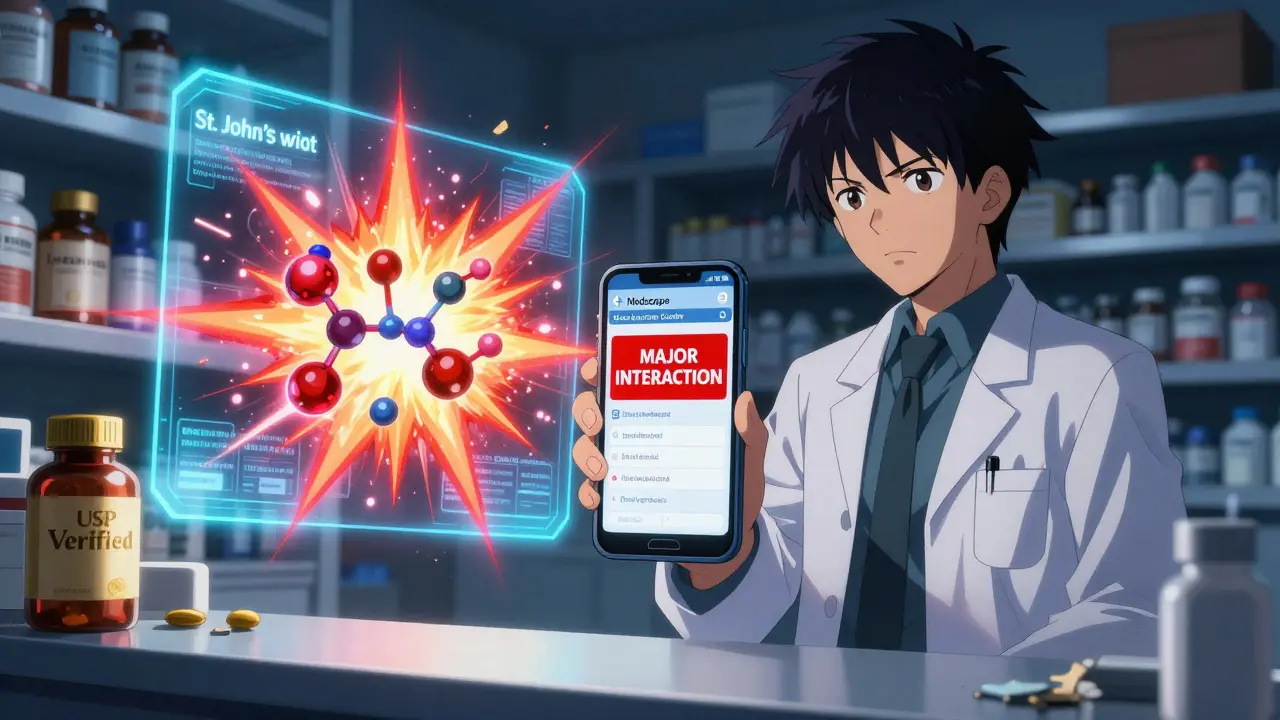 Pharmacist showing a smartphone with a major drug interaction alert, holographic molecules exploding nearby.