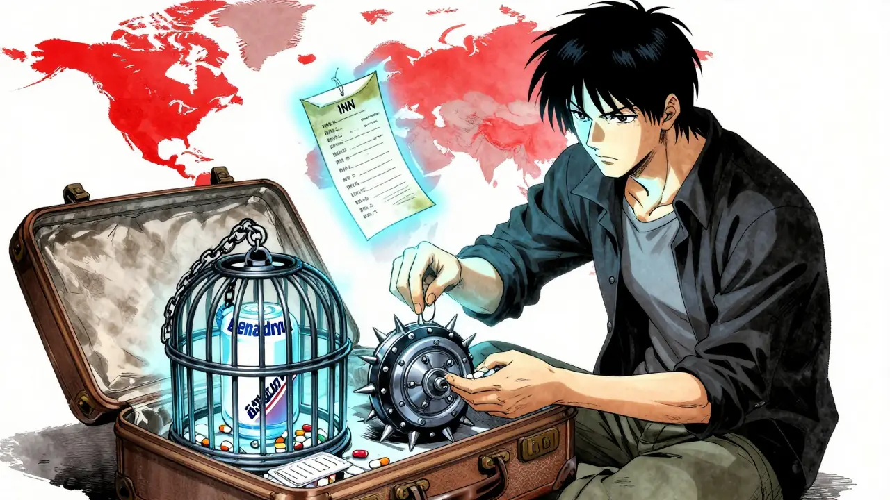 Pills turning into cages as traveler packs, doctor's letter glows above with INN names.