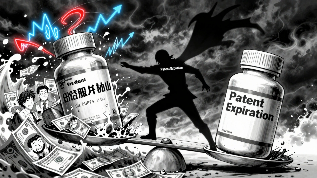 Scale balancing brand and generic drugs, generic side crushing brand with dollar bills and happy patients.