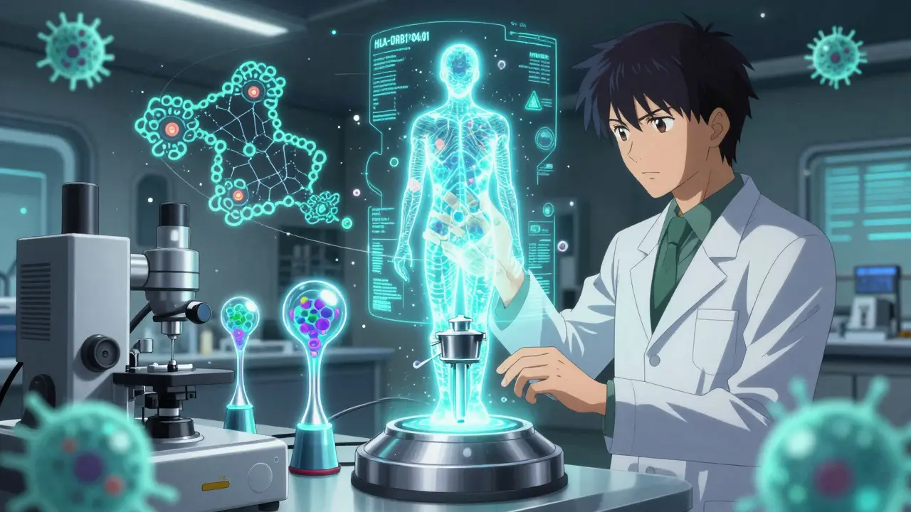 Scientists analyzing protein structures with glowing tech, while a genetic risk factor hovers as a hologram.