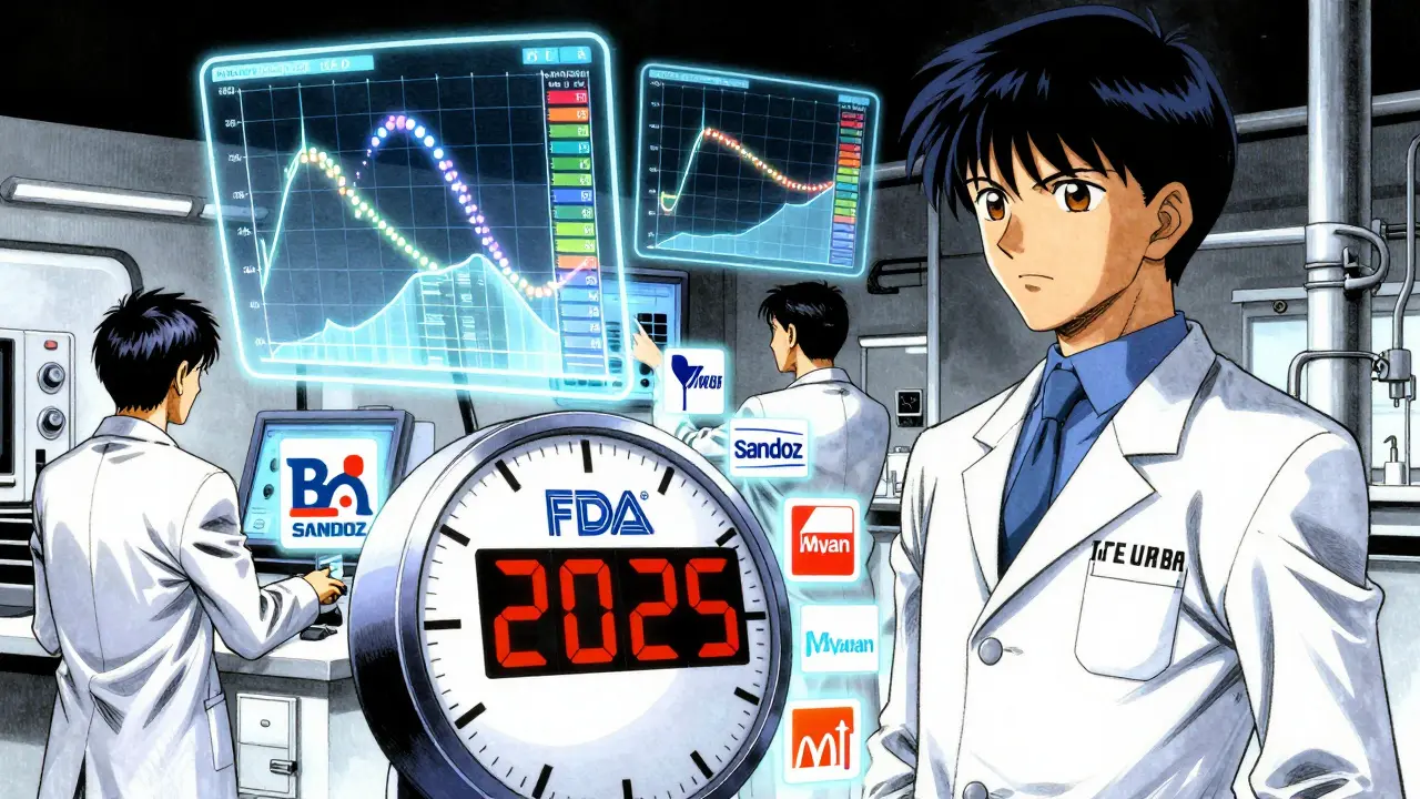 Scientists monitor holographic drug absorption data in a high-tech lab with a countdown to 2025.