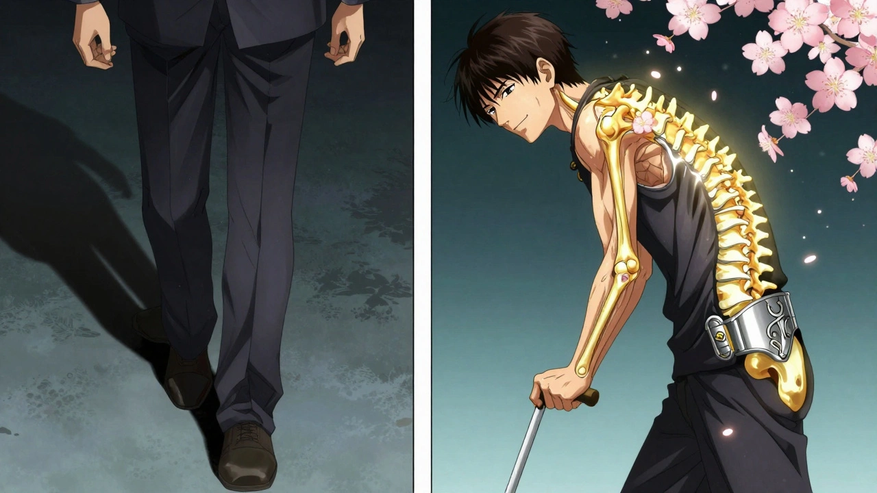 Split scene: one side shows pain while walking upright, the other shows relief with forward lean and glowing spinal channels.