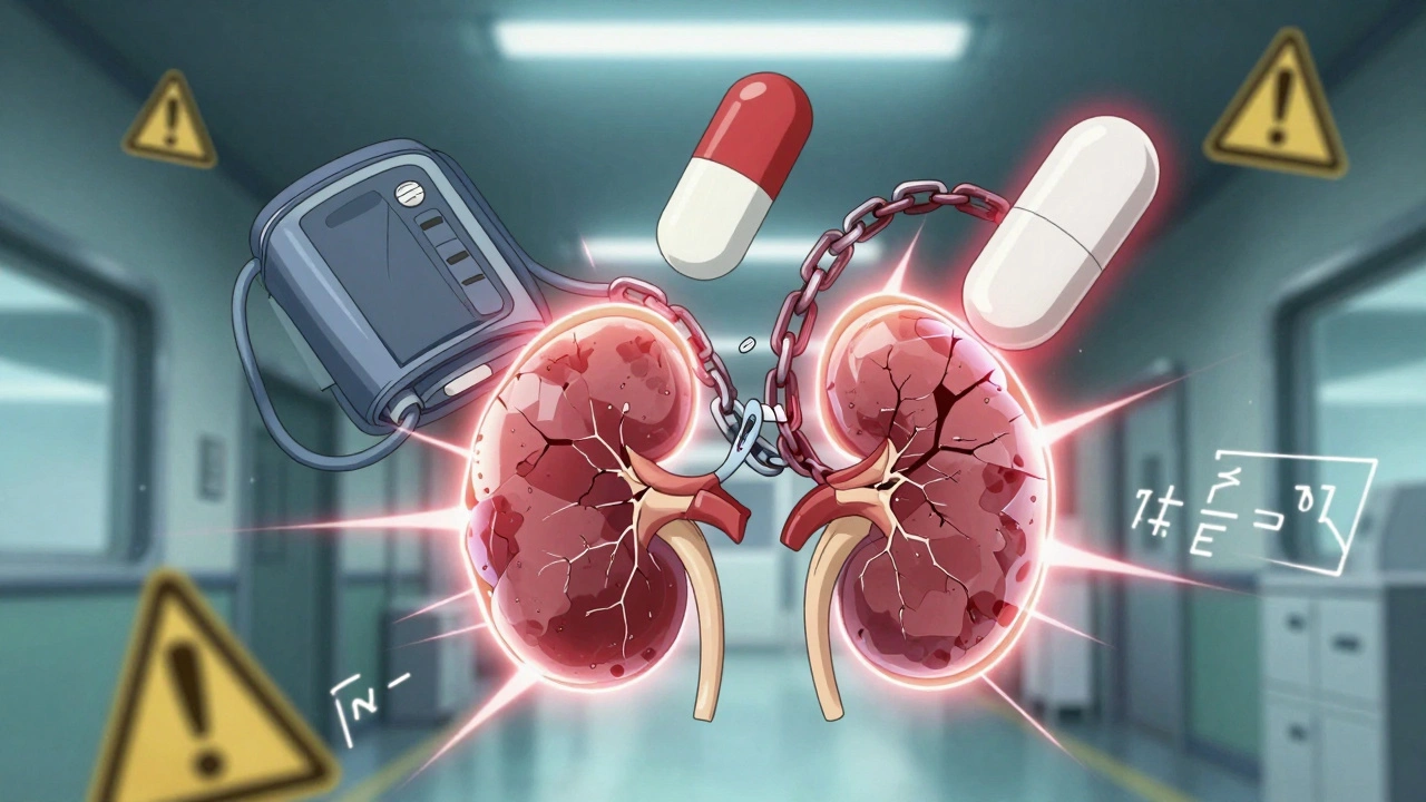 Three medical drugs in a chain reaction damaging a glowing kidney