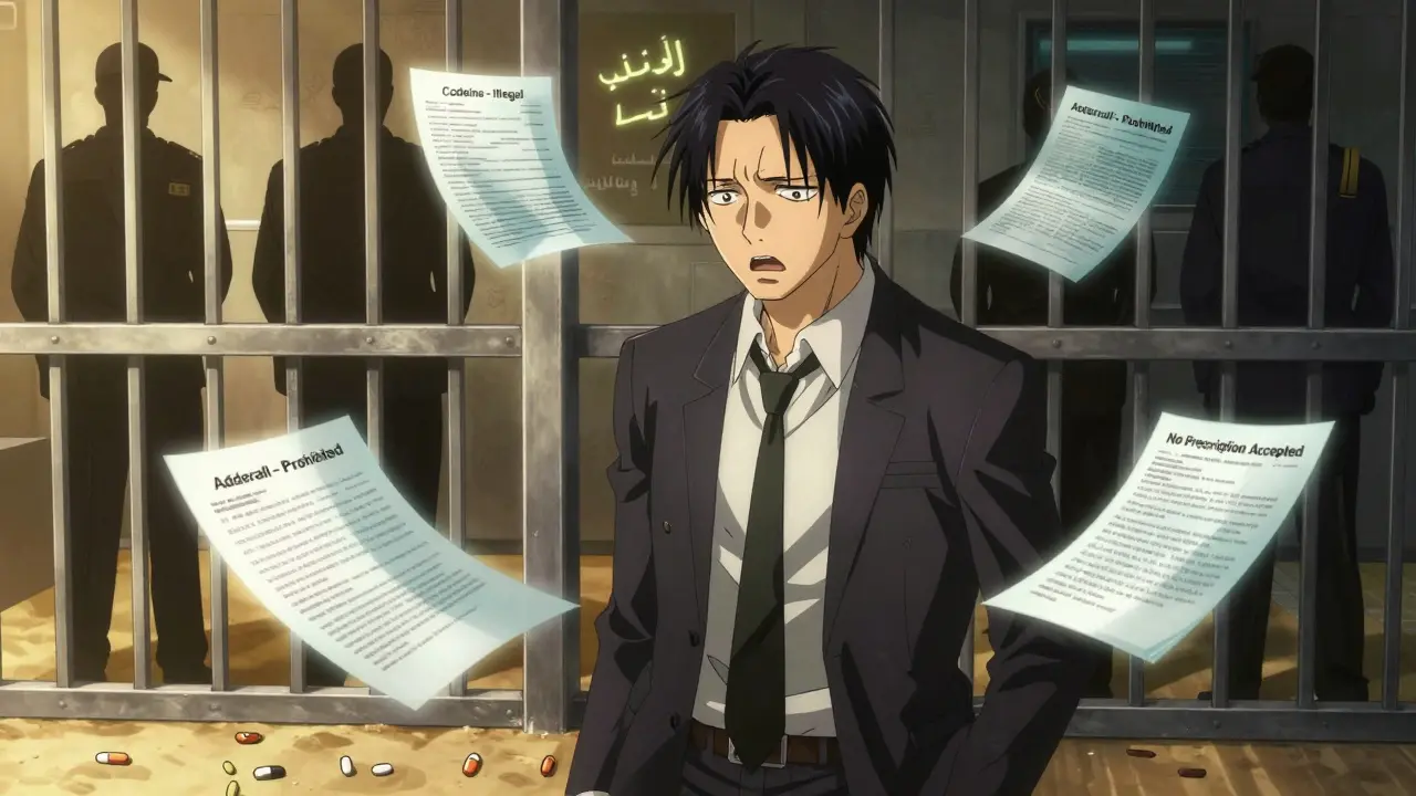 Traveler detained in UAE cell surrounded by floating legal warnings for prohibited drugs.