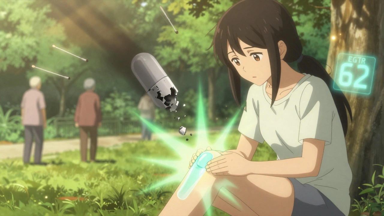 Woman applying topical NSAID gel with protective aura, oral pill crumbling behind