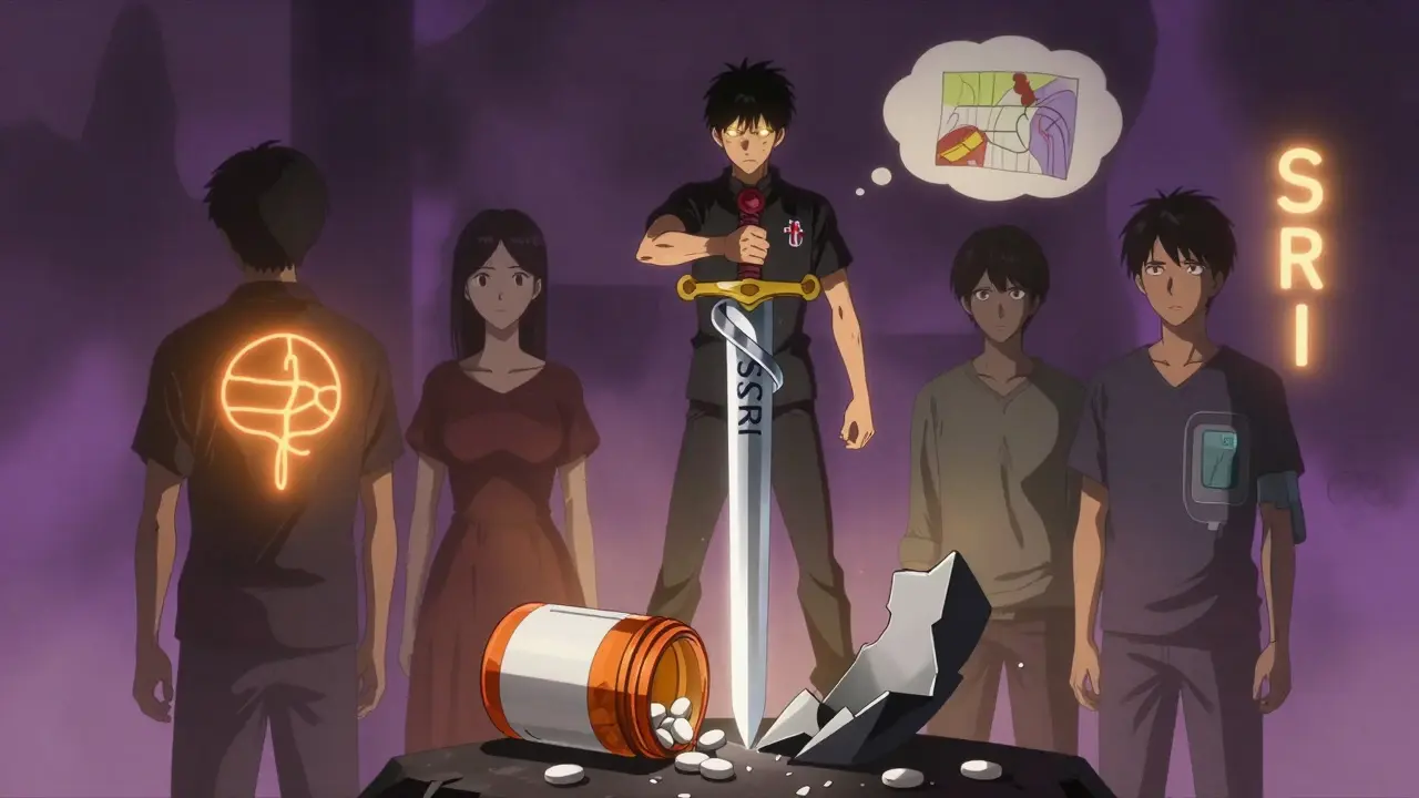 A dual-bladed sword representing SNRI vs SSRI with patients emerging from shadows