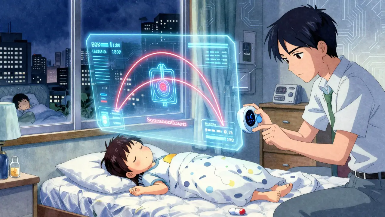 A futuristic bedroom with holographic sleep monitors and a child sleeping safely under medical care.