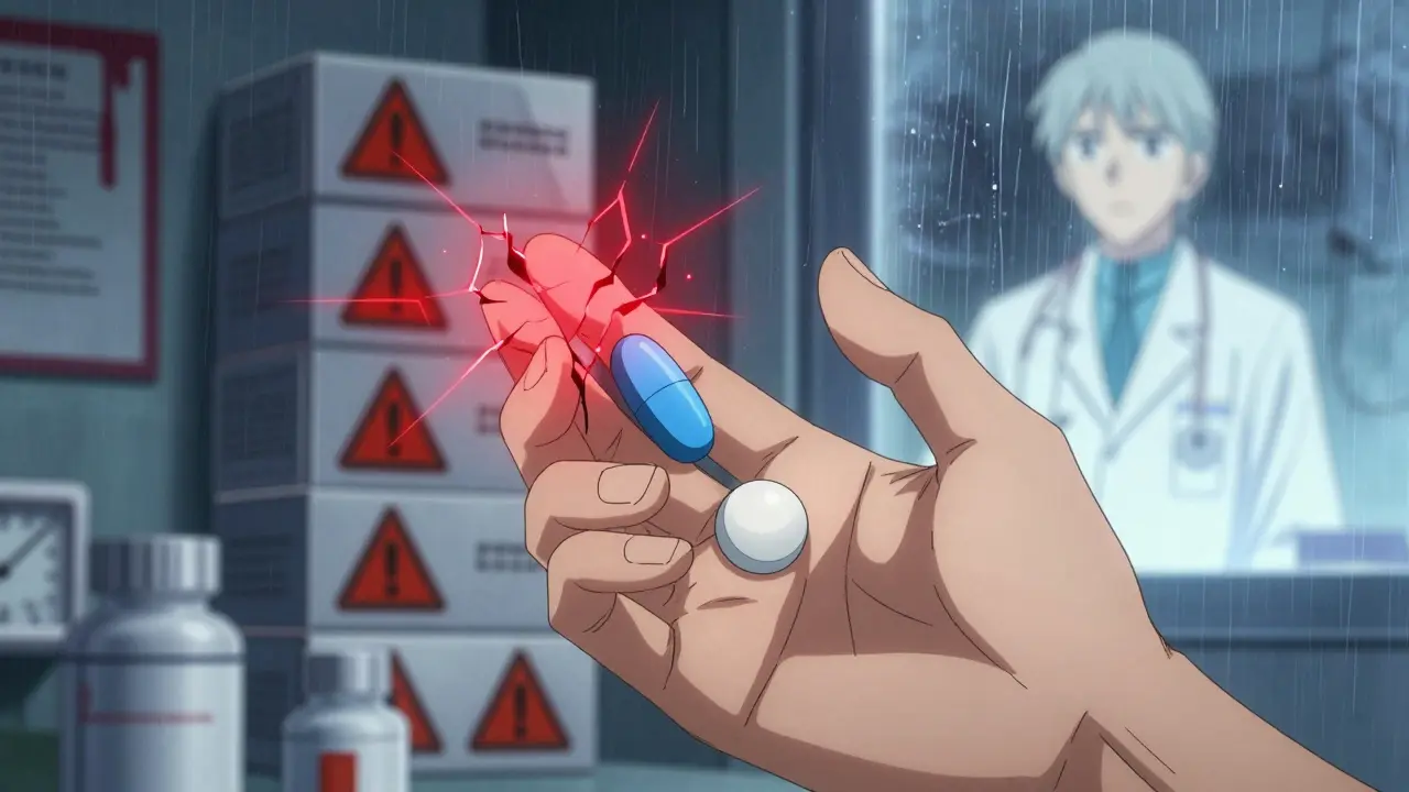 A hand holds two different generic pills with glowing warning symbols radiating around them.