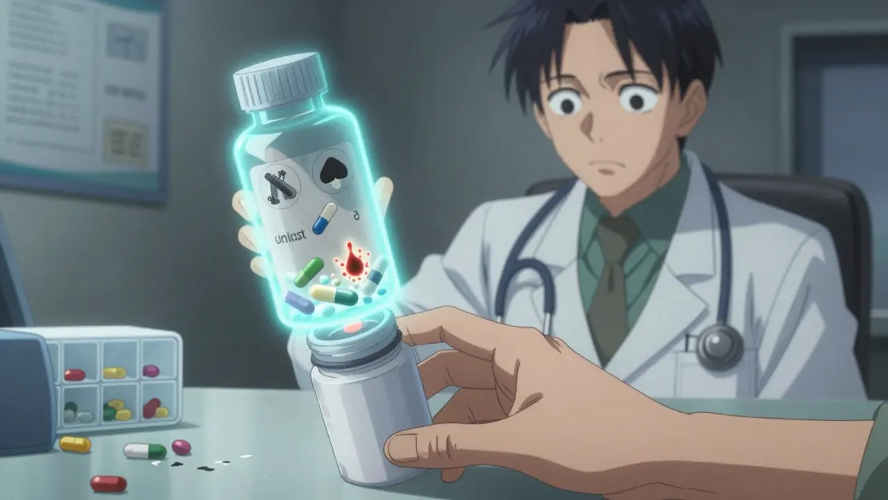 A hand placing a supplement bottle on a desk as a ghostly version reveals hidden contaminants.