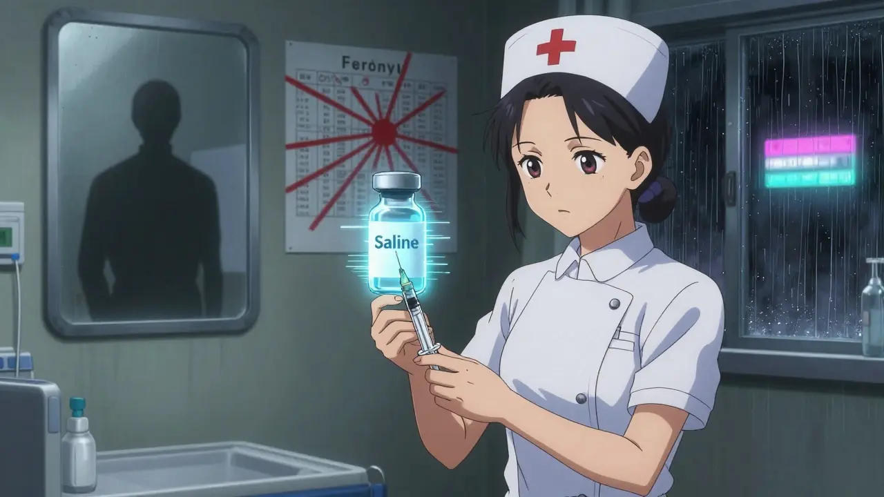 A nurse replaces a fentanyl vial with saline, hidden from view as warning symbols flicker on medical charts.