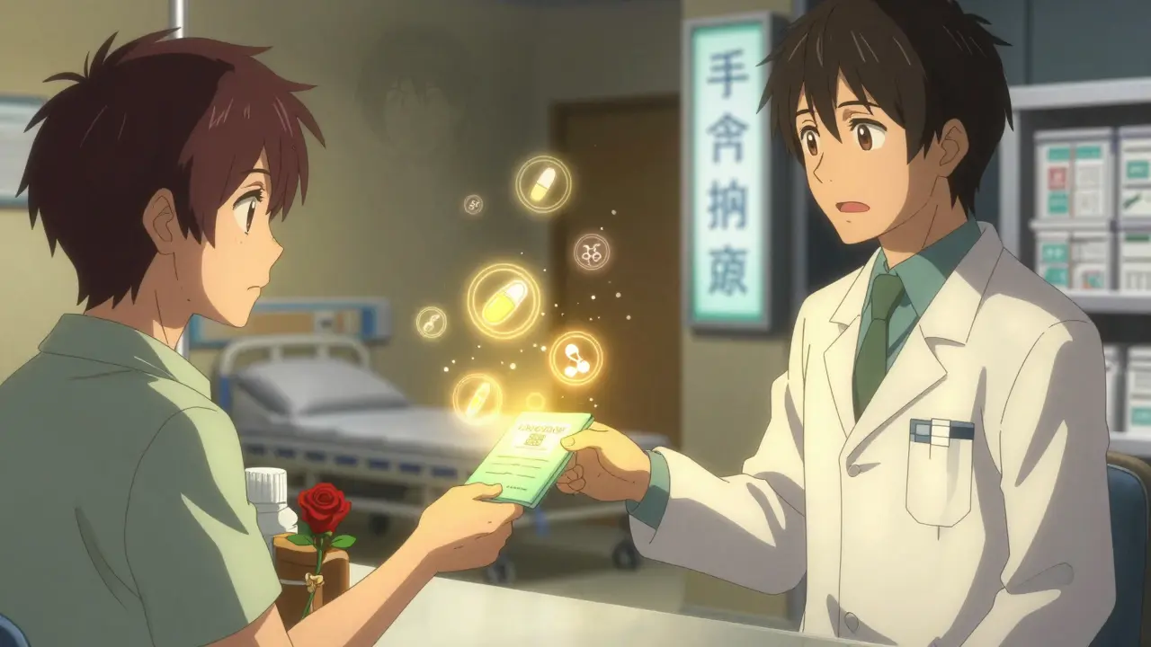 A patient handing a medication passport to a pharmacist under a glowing sign, with digital health icons swirling around them.