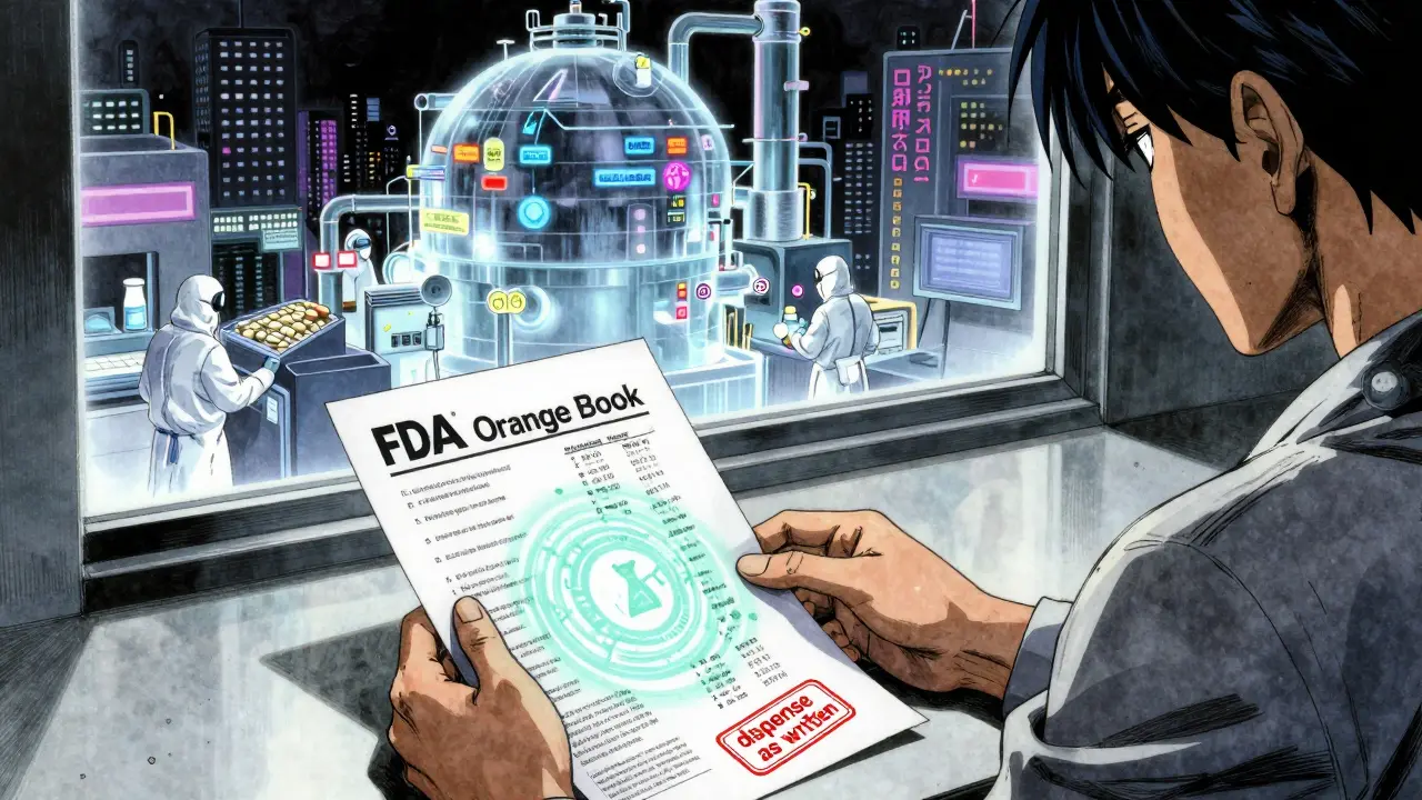 A patient holding an FDA Orange Book with glowing ratings, a factory in the background, and a doctor's shadow stamping a prescription.