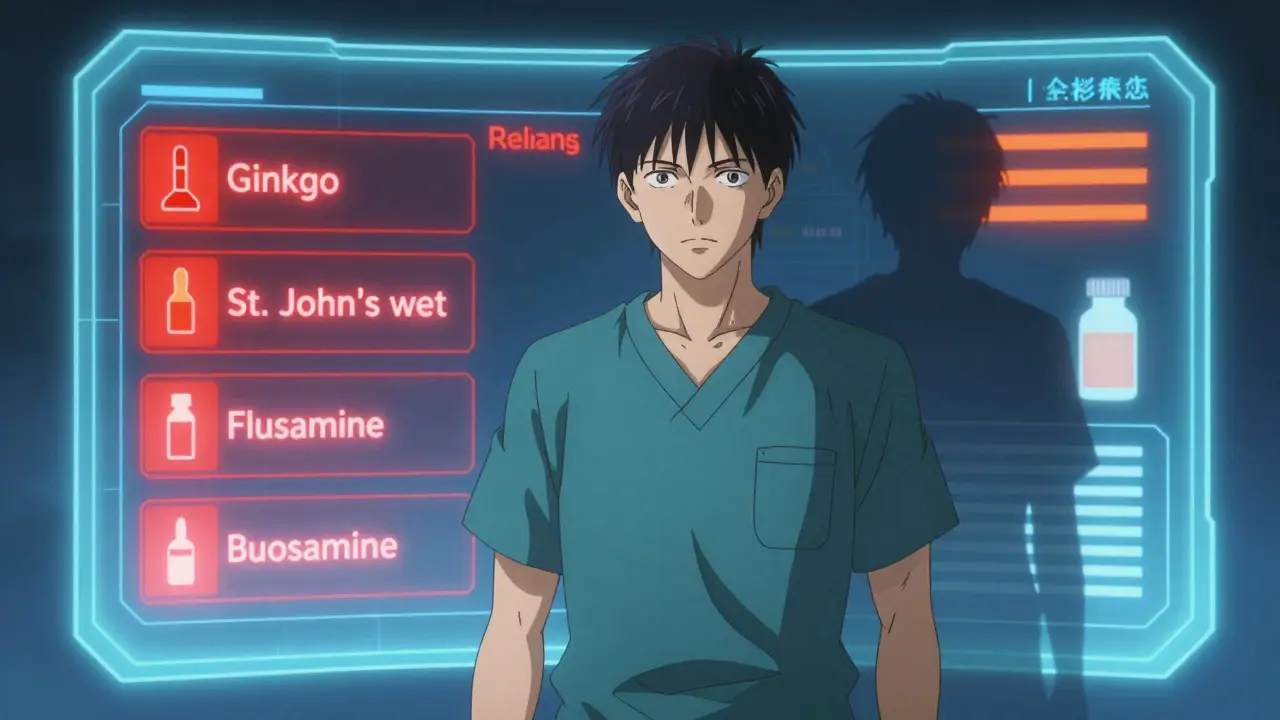 A patient stands before a glowing screen showing drug-supplement interactions, leaving behind a fading shadow.