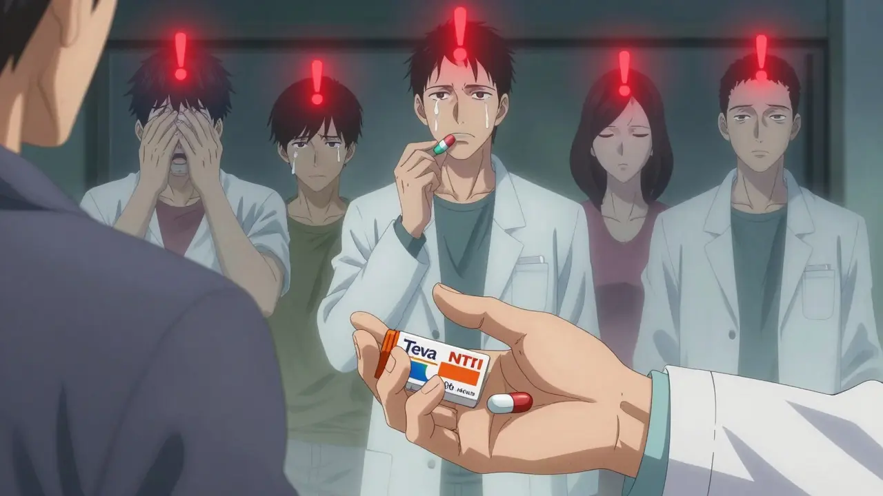 A pharmacist giving two generics to a patient, with ghostly patients reacting differently behind them.