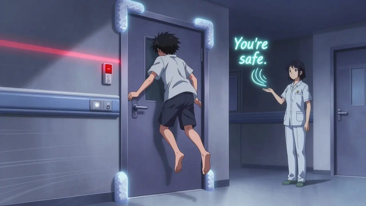 A sleepwalker moving toward a door as a sensor glows red, with a calm caregiver guiding them gently.