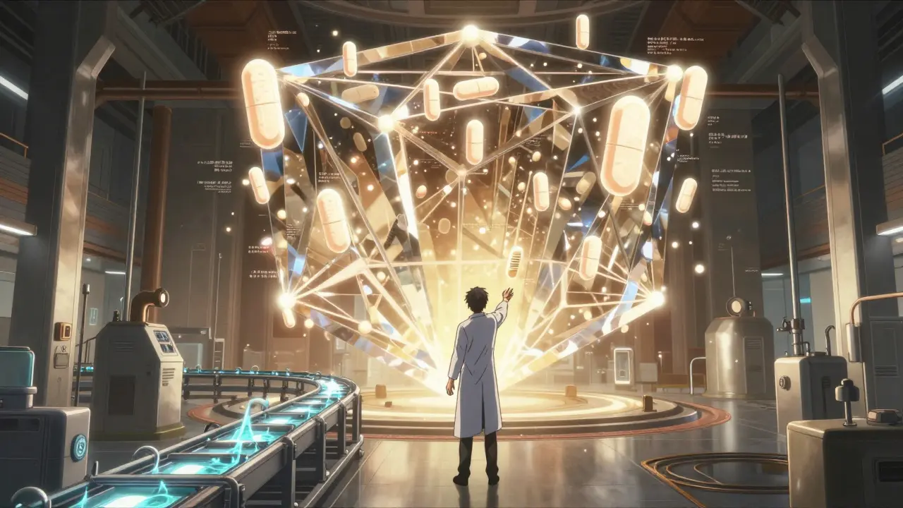 An engineer beside a pulsing production line, facing a floating design space of perfect tablets.