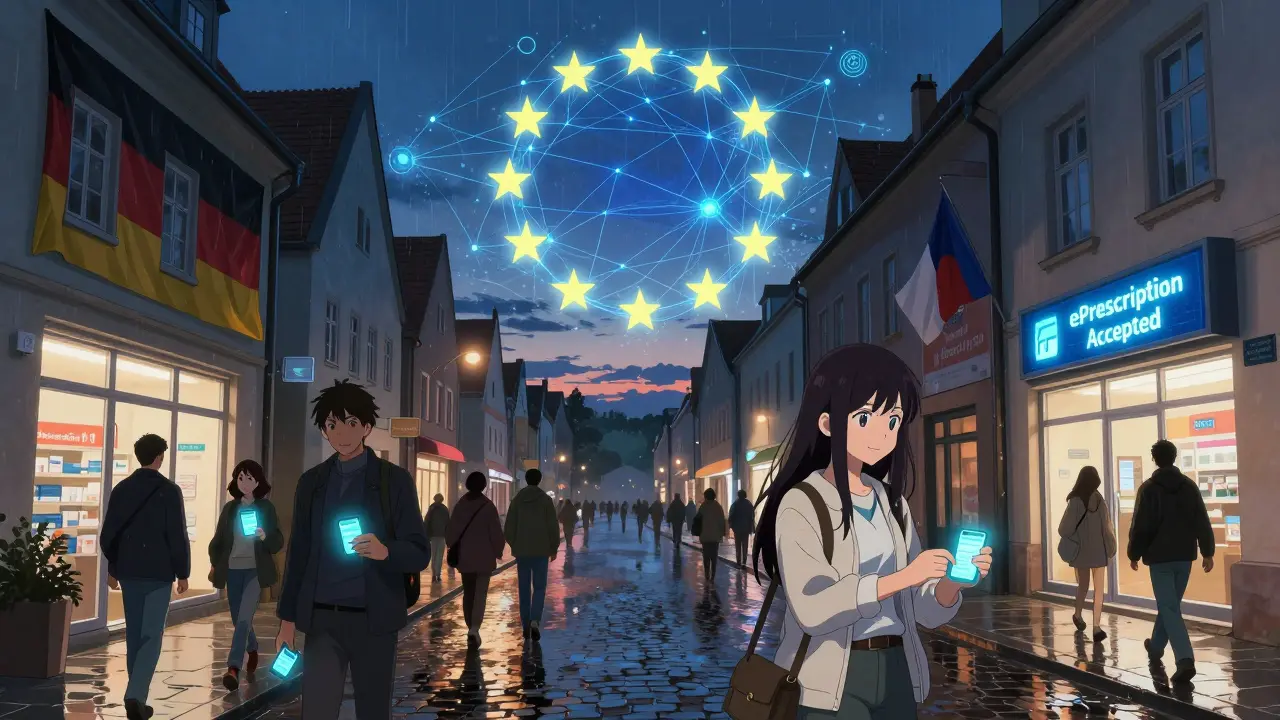 Border town at dusk with travelers moving between pharmacies, connected by glowing EU digital network.