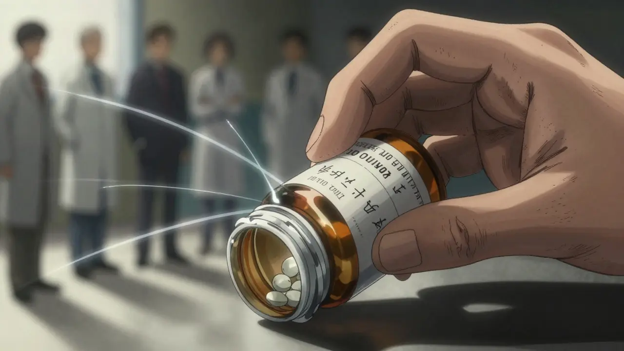 Close-up of a pill bottle with manufacturer name visible, glowing energy lines radiating from the label.