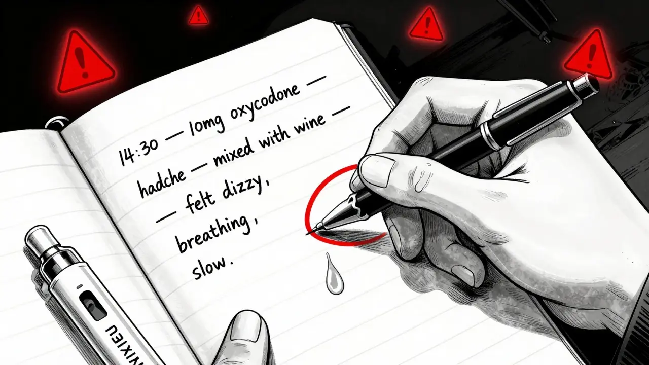 Close-up of a trembling hand marking a dangerous drug combo in red pen, with a tear on the page.