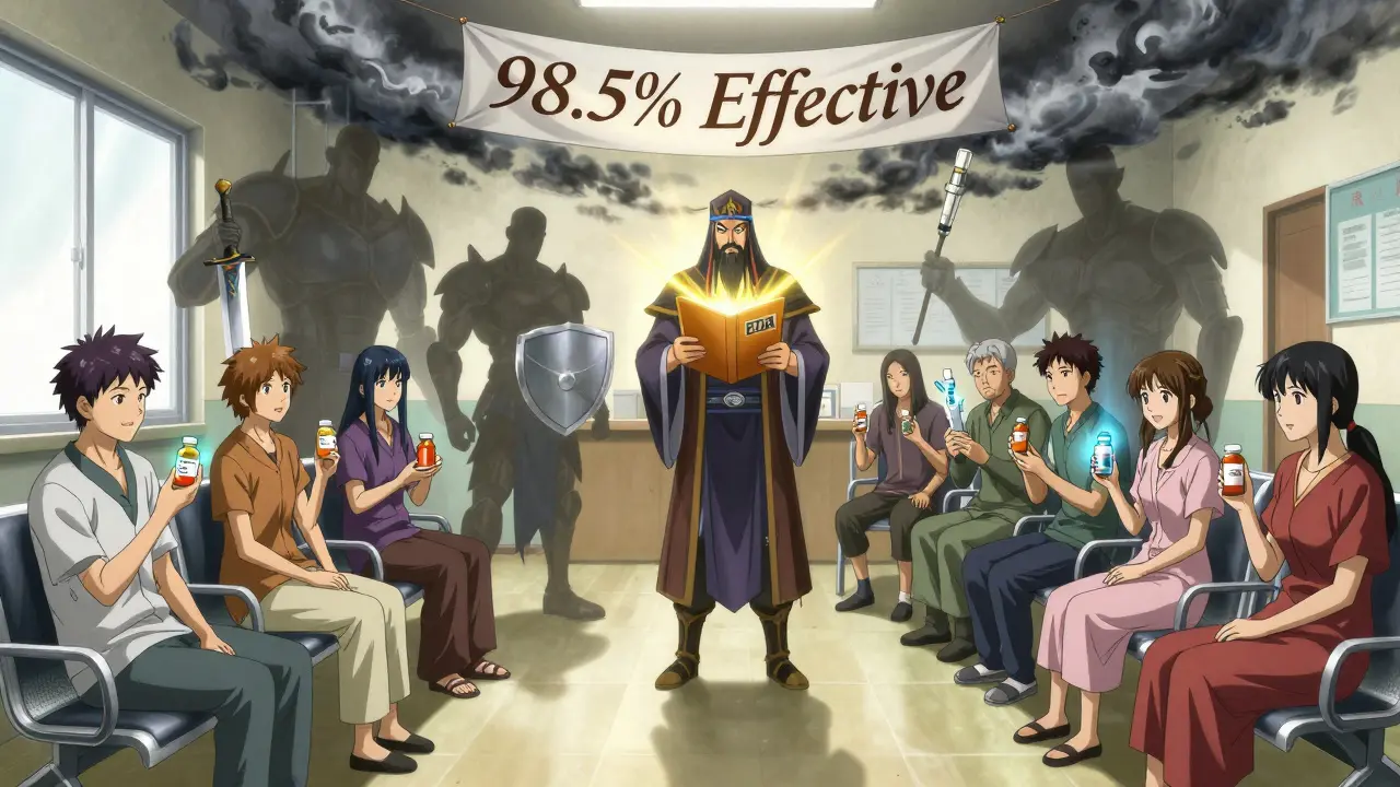 Diverse patients in clinic with drug-shaped armor shadows, pharmacist holding FDA Orange Book.