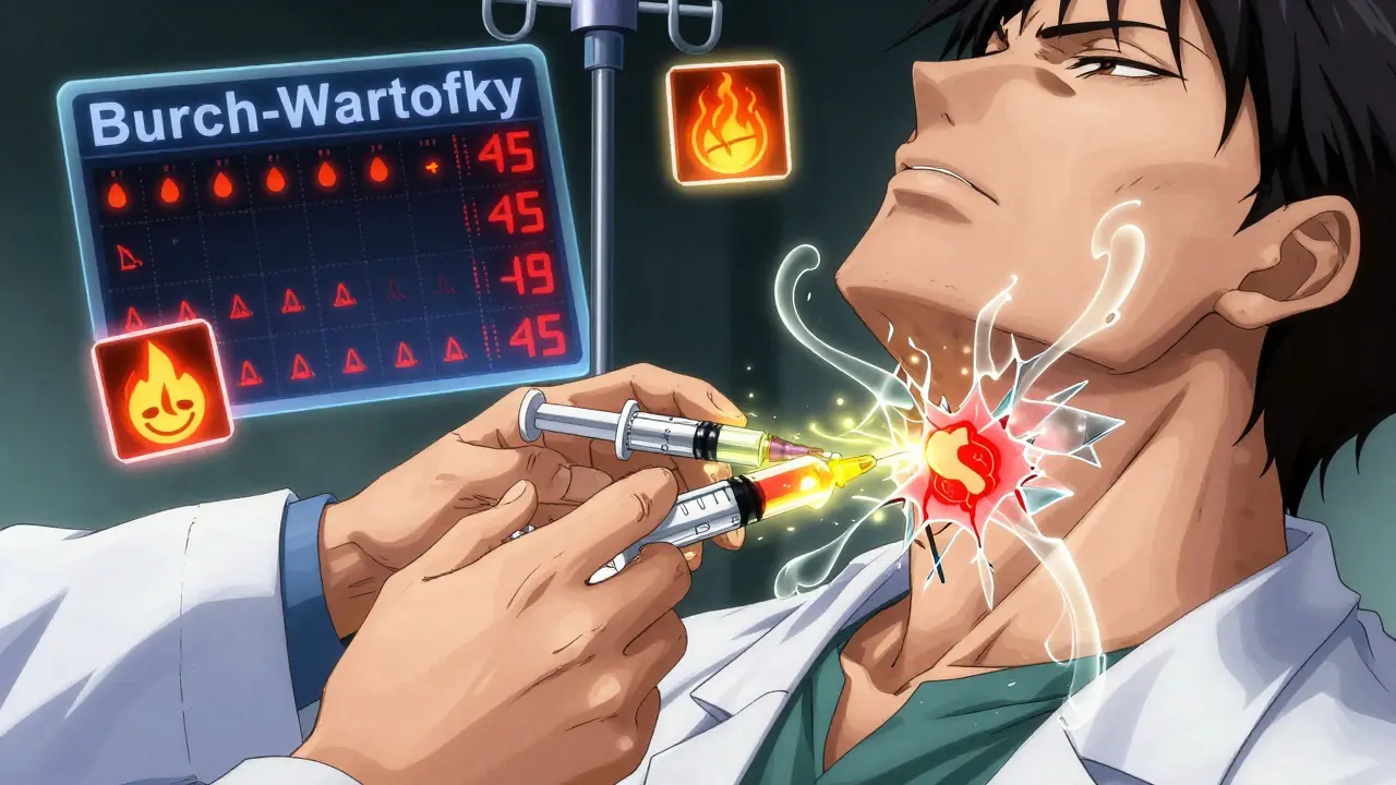 Doctor administering treatment as spectral thyroid hormones burst from patient's neck with rising warning scores.